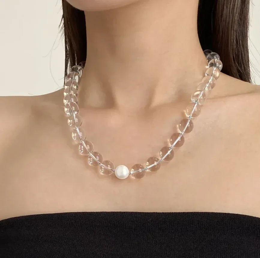 Summer Cool White Crystal Pearl Women's Necklace Transparent Round Beads Simple Clavicle Chain High-End Feelings Choker Necklaces - Eazzy Store