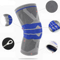 Gray and blue knee brace with close-up details on a white background